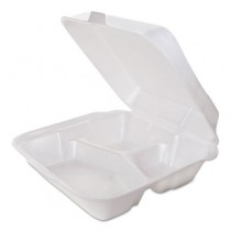 Snap-It Foam Hinged Carryout Container, 3-Compartment, Small, White, 100/Bag