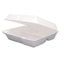 Hinged Food Containers, Foam, 3-Comp, 8-3/8 x 7-7/8 x 3-1/4