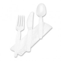 Wrapped Tableware/Napkin Packet, Plastic Utensil Set w/Napkin, White
