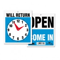 Double-Sided Open/Will Return Sign w/Clock Hands, Plastic, 7-1/2 x 9
