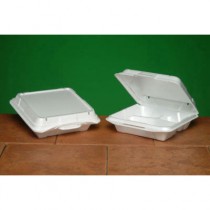 Foam Hinged Carryout Container, Vented, 3-Comp, 9-1/4x9-1/4x3, White, 100/Bag
