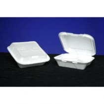 Foam Hinged Dinner Container, 3-Compartment, Medium, White, 8-1/4x8x3, 100/Bag