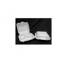 Double-Foam Food Containers, 8 x 8 x 3, White, 3-Compartment