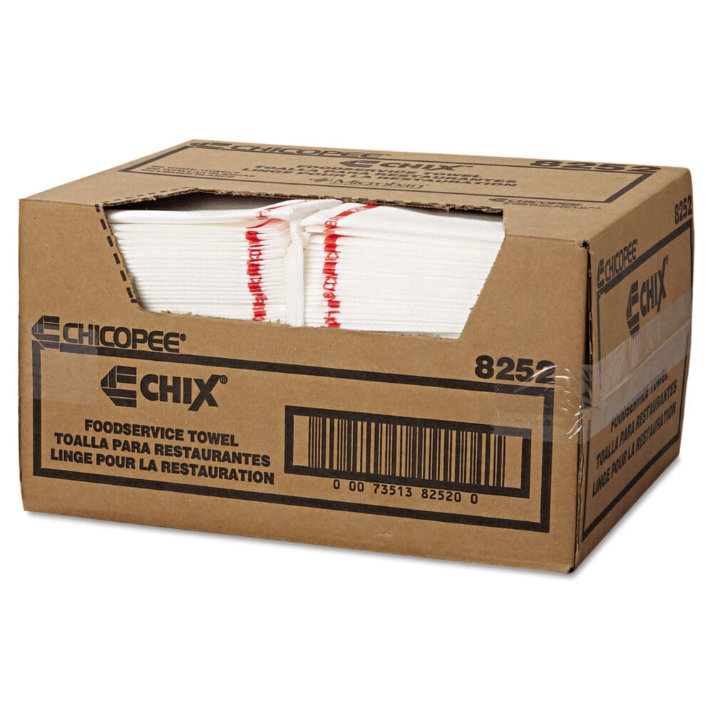 Food Service Towels, Cotton, 13 x 21, White/Red, 150/Carton - Image 3