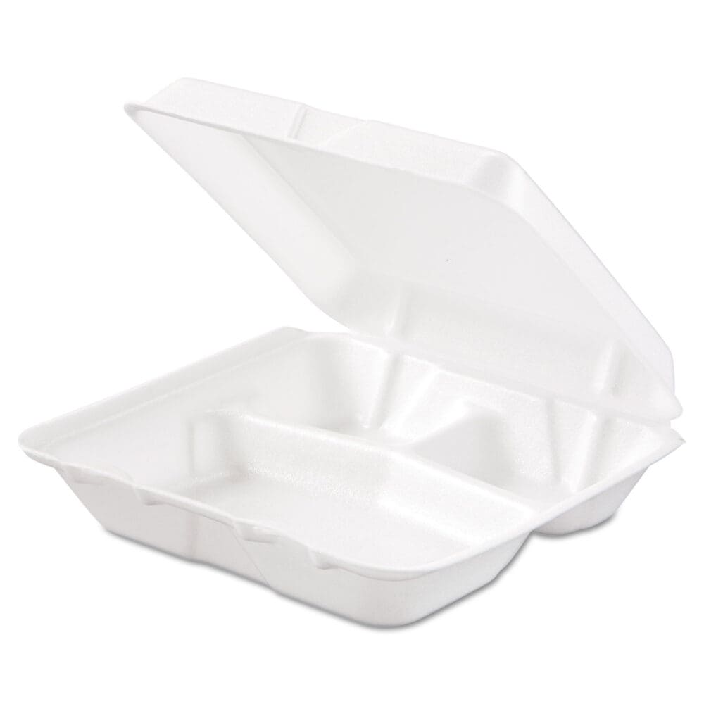Foam Hinged Lid Containers, 3-Compartment, 7.5 x 8 x 2.3, White, 200/Carton - Image 8