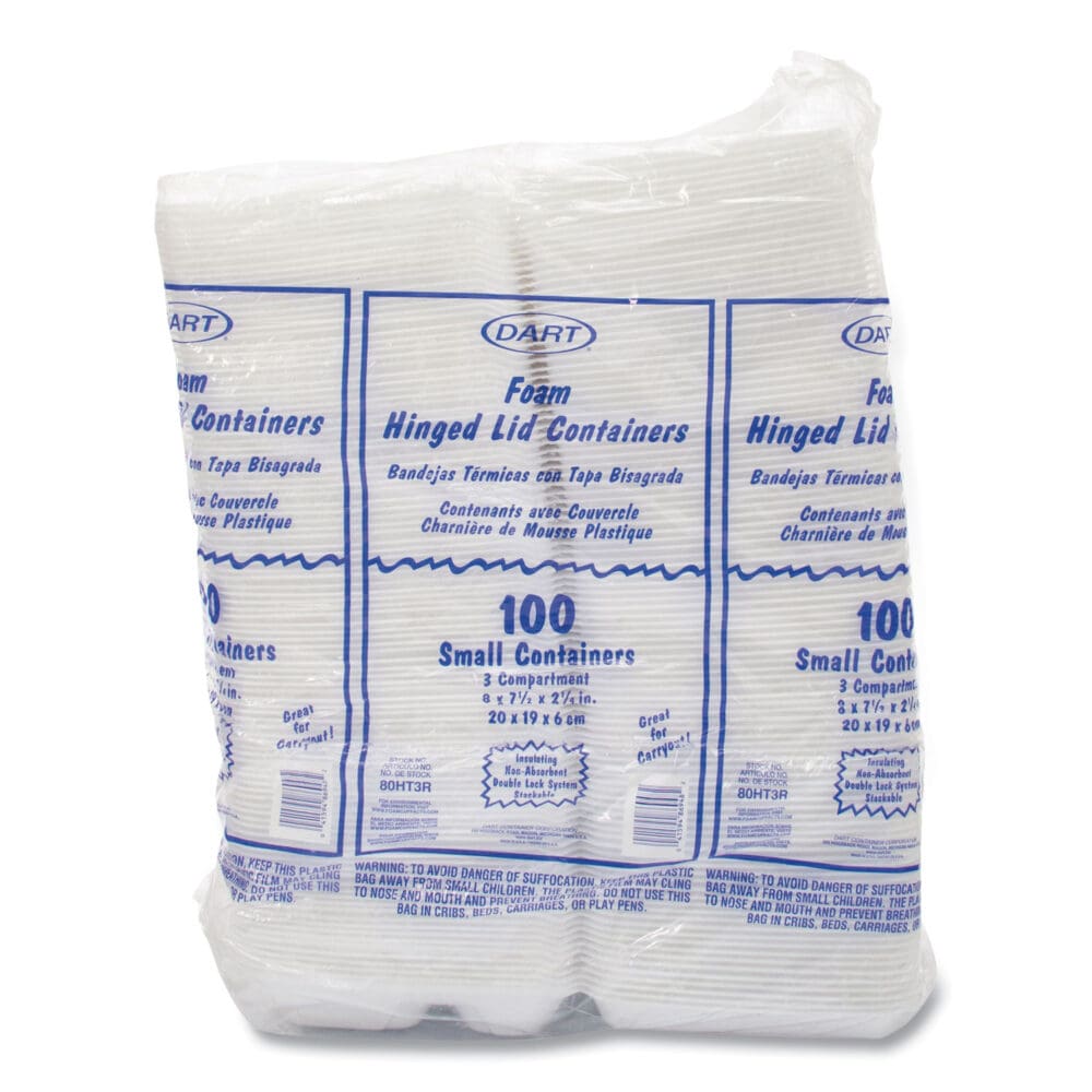 Foam Hinged Lid Containers, 3-Compartment, 7.5 x 8 x 2.3, White, 200/Carton - Image 2