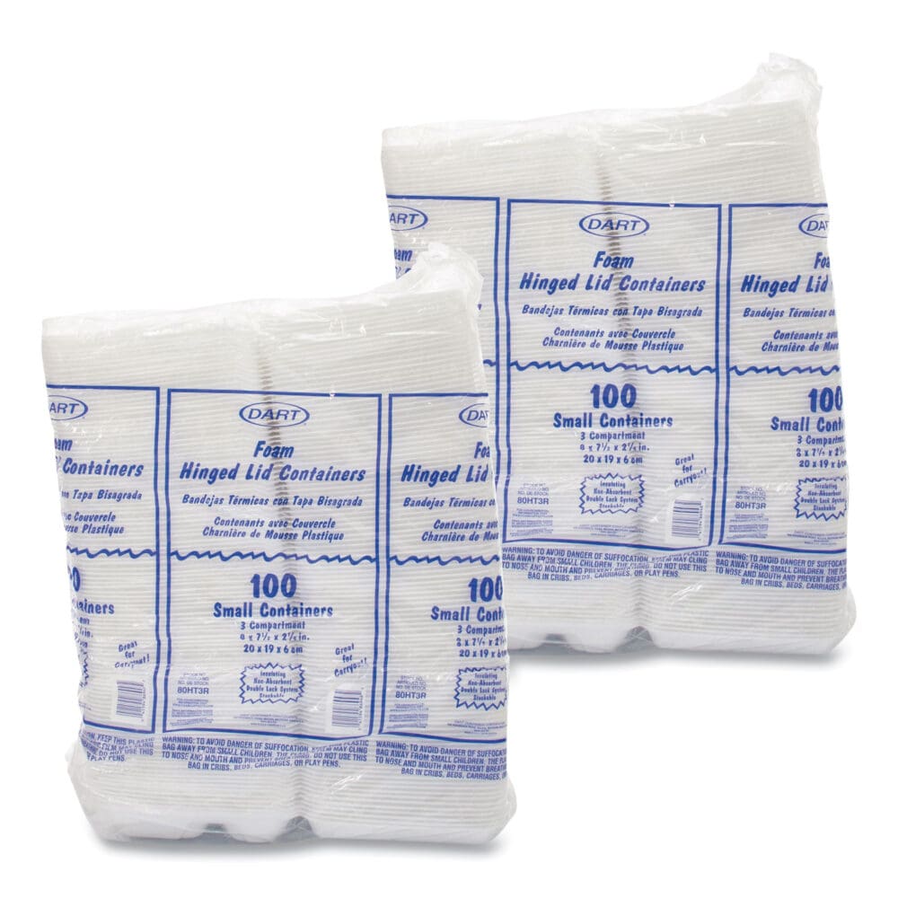 Foam Hinged Lid Containers, 3-Compartment, 7.5 x 8 x 2.3, White, 200/Carton - Image 3