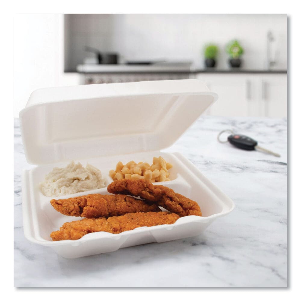 Foam Hinged Lid Containers, 3-Compartment, 7.5 x 8 x 2.3, White, 200/Carton - Image 6