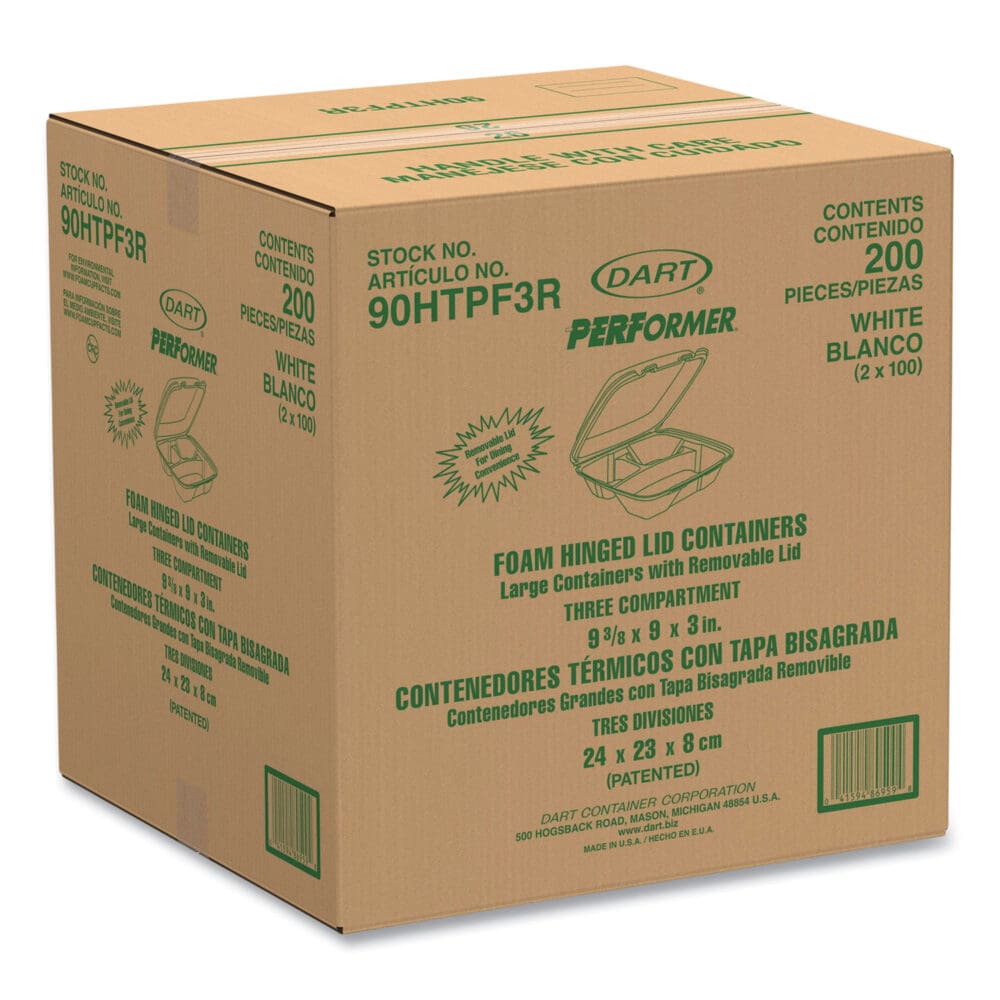 Foam Hinged Lid Container, Performer Perforated Lid, 3-Compartment, 9 x 9.4 x 3, White, 100/Bag, 2 Bag/Carton - Image 2