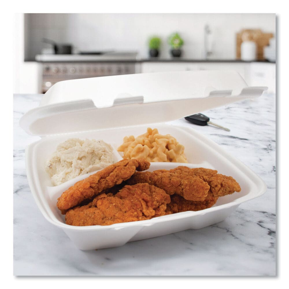 Foam Hinged Lid Container, Performer Perforated Lid, 3-Compartment, 9 x 9.4 x 3, White, 100/Bag, 2 Bag/Carton - Image 3