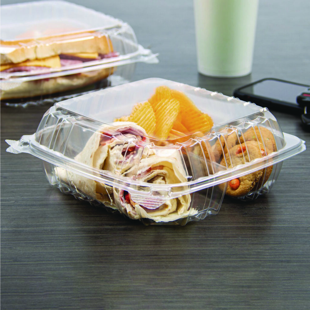 ClearSeal Hinged-Lid Plastic Containers, 8.25 x 8.25 x 3, Clear, Plastic, 125/Pack, 2 Packs/Carton - Image 4