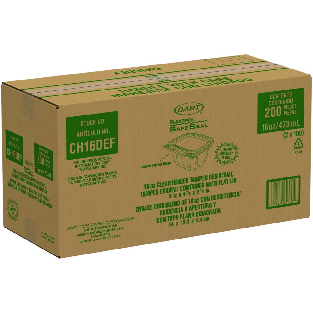 ClearPac SafeSeal Tamper-Resistant/Evident Containers, Flat Lid, 16 oz, 4.9 x 2.5 x 5.5, Clear, Plastic, 100/Bag, 2 Bags/CT - Image 3