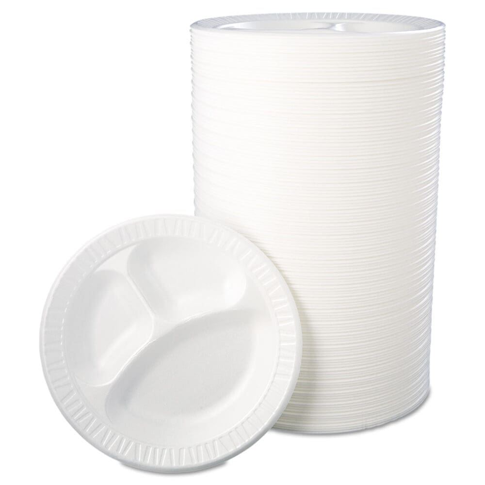 Quiet Class Laminated Foam Dinnerware, Plates, 3-Compartment, 10.25" dia, White, 125/Pack, 4 Packs/Carton - Image 2