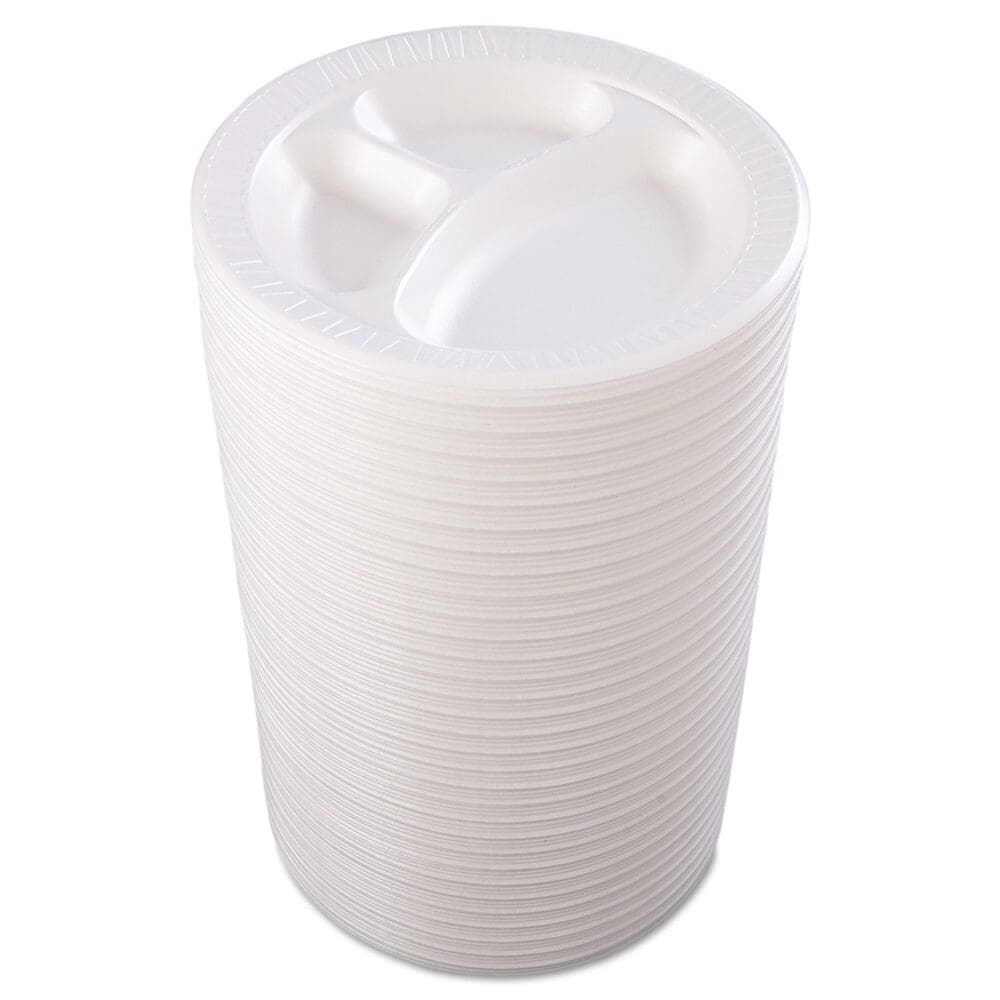 Quiet Class Laminated Foam Dinnerware, Plates, 3-Compartment, 10.25" dia, White, 125/Pack, 4 Packs/Carton - Image 6