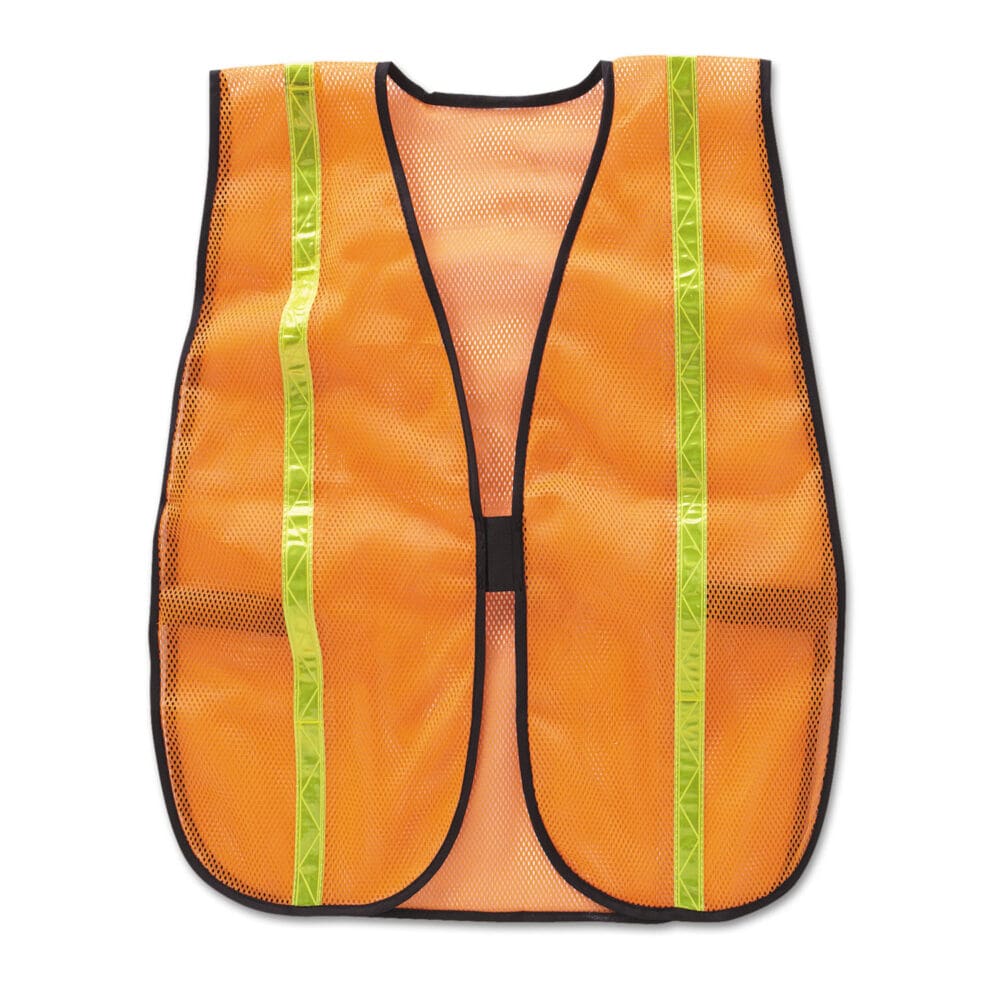 Polyester Mesh Safety Vest, One Size Fits All, Orange with 0.75" Lime Green Stripe - Image 2