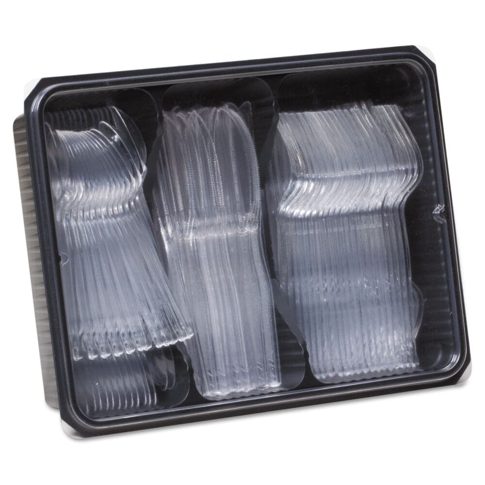 Cutlery Keeper Tray with Clear Plastic Utensils: 600 Forks, 600 Knives, 600 Spoons - Image 2