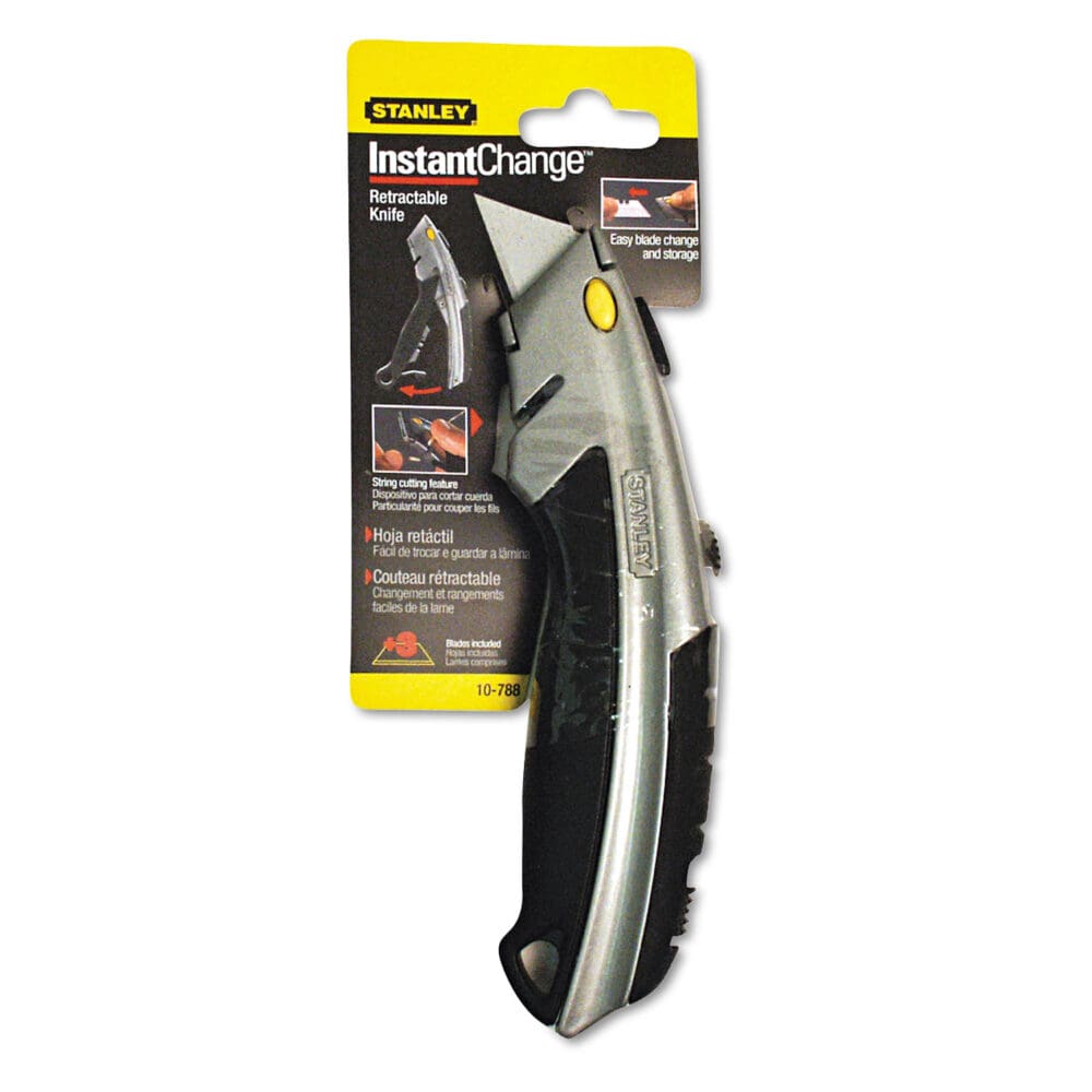 Curved Quick-Change Utility Knife, Stainless Steel Retractable Blade, 3 Blades, 6.5" Metal Handle, Black/Chrome - Image 5