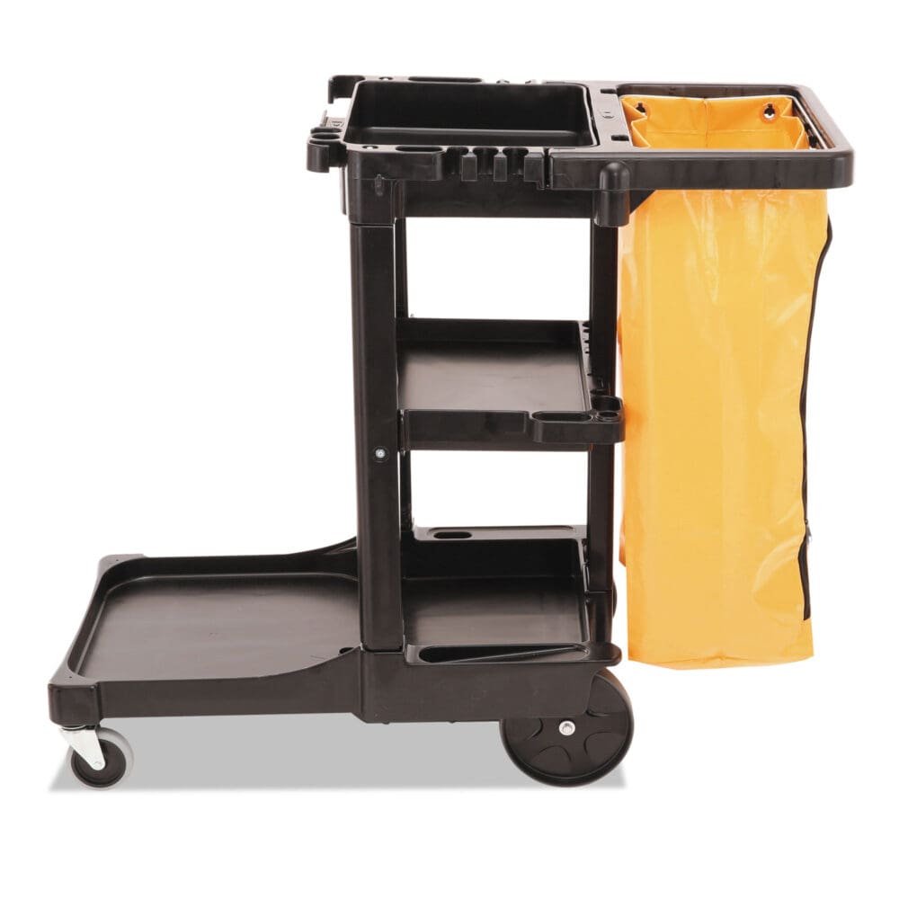 Multi-Shelf Cleaning Cart, Plastic, 4 Shelves, 1 Bin, 20" x 45" x 38.25", Black - Image 2