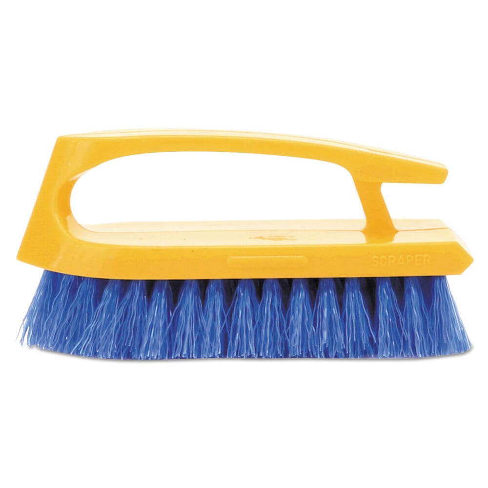 Iron-Shaped Handle Scrub Brush, Blue Polypropylene Bristles, 6" Brush, 6" Yellow Plastic Handle - Image 2