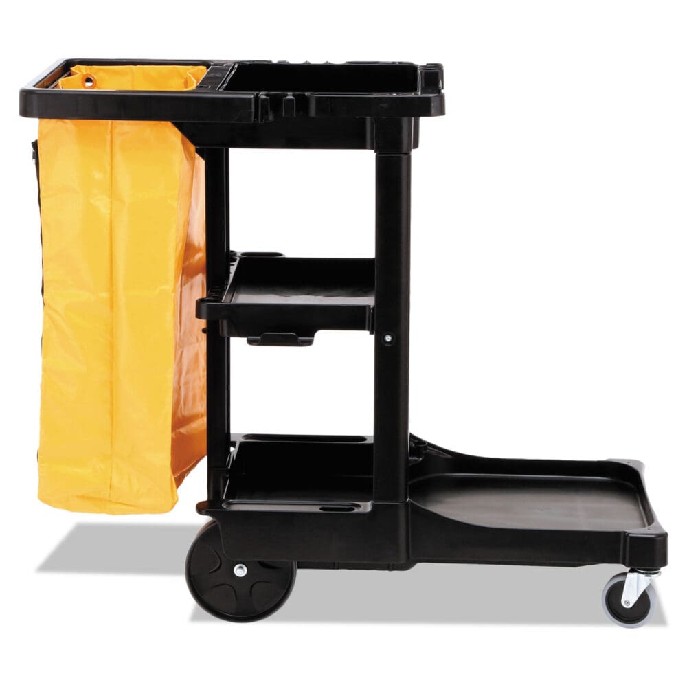 Multi-Shelf Cleaning Cart, Plastic, 4 Shelves, 1 Bin, 20" x 45" x 38.25", Black - Image 4
