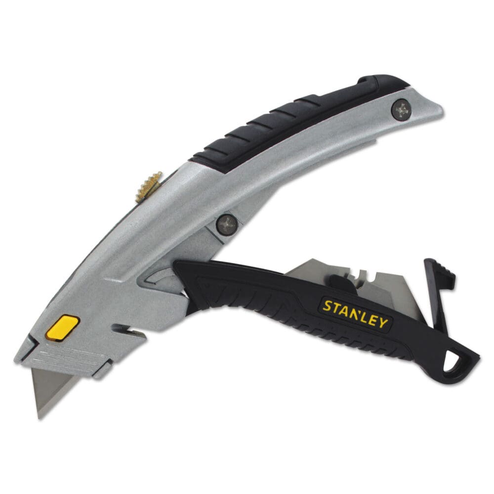 Curved Quick-Change Utility Knife, Stainless Steel Retractable Blade, 3 Blades, 6.5" Metal Handle, Black/Chrome - Image 2