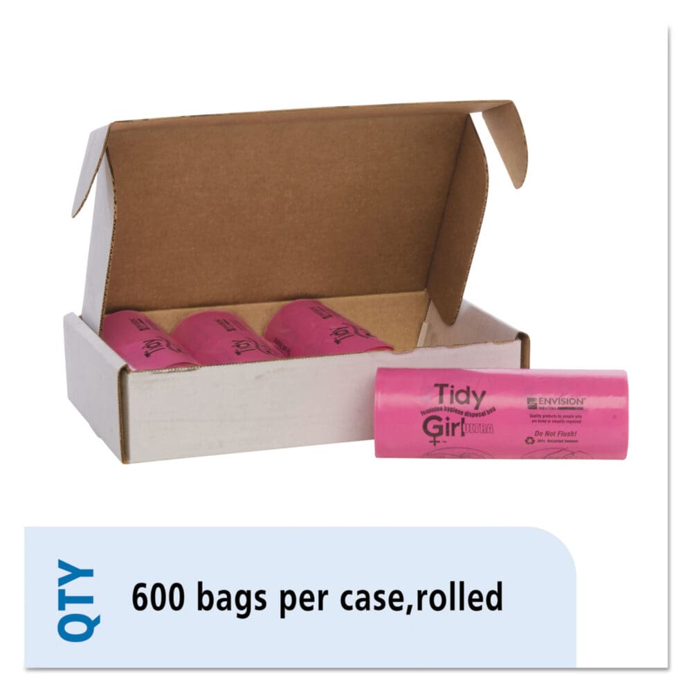 Feminine Hygiene Sanitary Disposal Bags, 4" x 10", Pink/Black, 150 Bags/Roll, 4 Rolls/Carton - Image 9