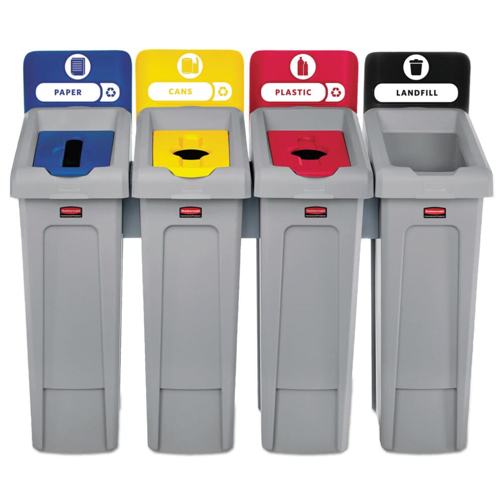 Slim Jim Recycling Station Kit, 4-Stream Landfill/Paper/Plastic/Cans, 92 gal, Plastic, Blue/Gray/Red/Yellow - Image 2