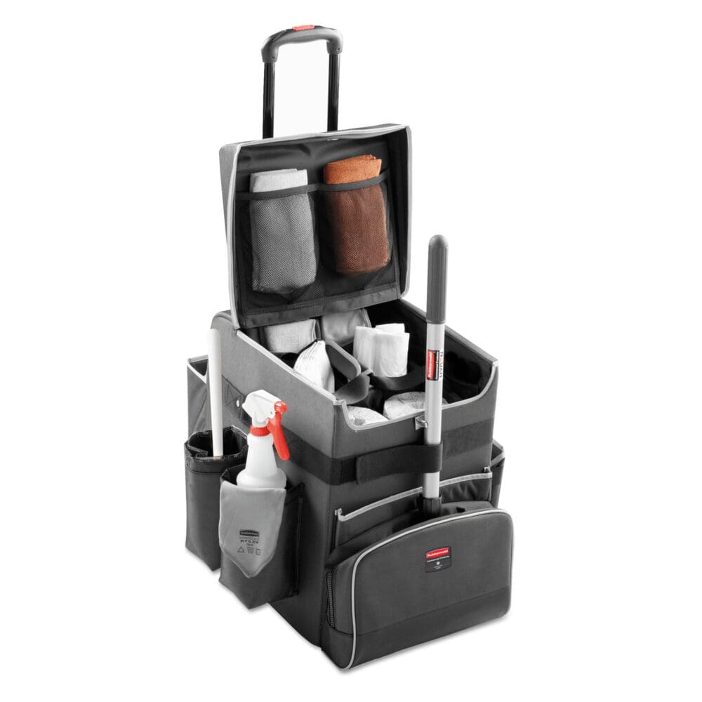 Executive Quick Clean Janitorial Cart, Synthetic Fabric, 16 Compartments, 14.25" x 16.5" x 25", Dark Gray - Image 2