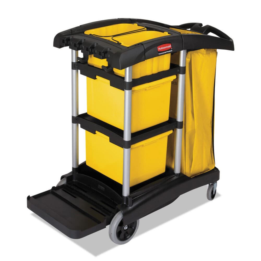 High Capacity Cleaning Cart, Plastic, 4 Shelves, 2 Bins, 21.75" x 49.75" x 38.38", Black - Image 3