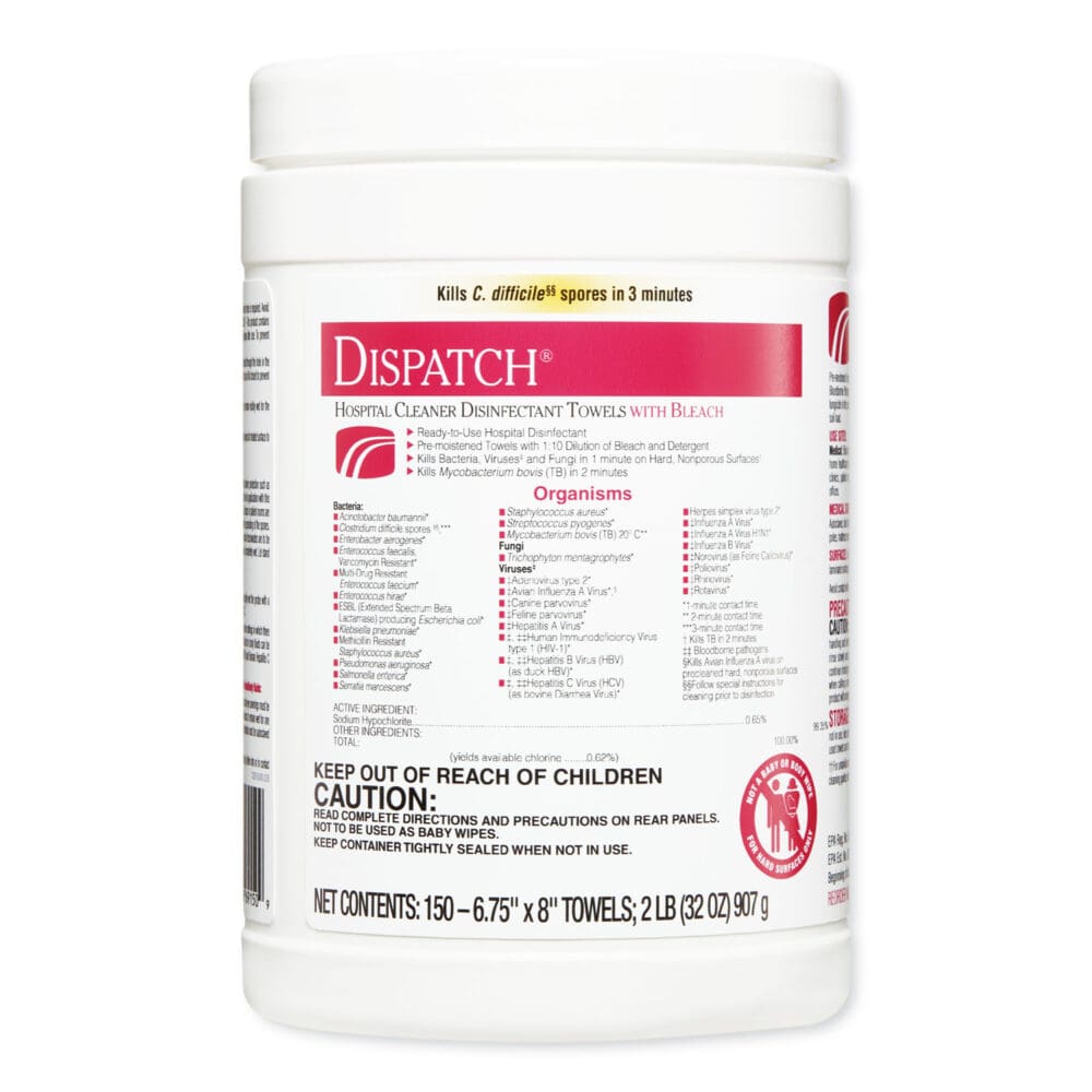 Dispatch Cleaner Disinfectant Towels, 1-Ply, 6.75 x 8, Unscented, White, 150/Canister, 8 Canisters/Carton - Image 7
