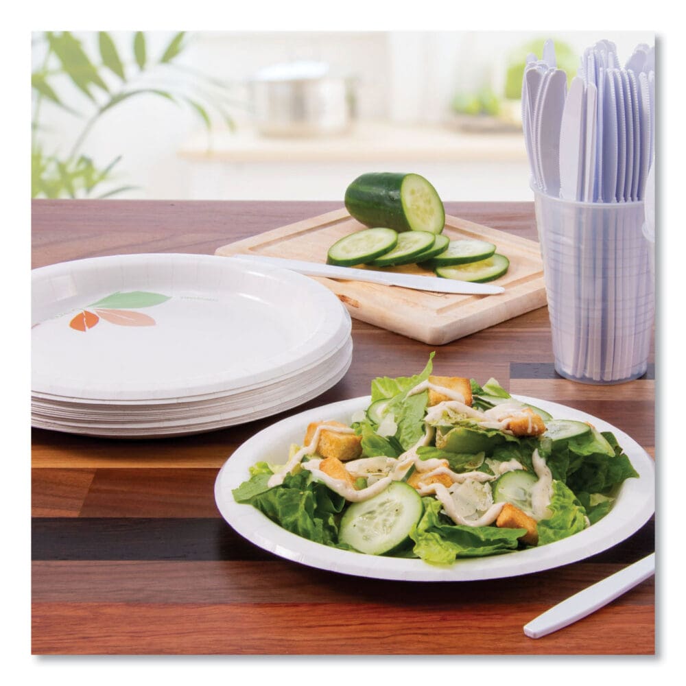 Bare Eco-Forward Paper Dinnerware Perfect Pak, ProPlanet Seal, Plate, 8.5" dia, Green/Tan, 125/Pack, 2 Packs/Carton - Image 3