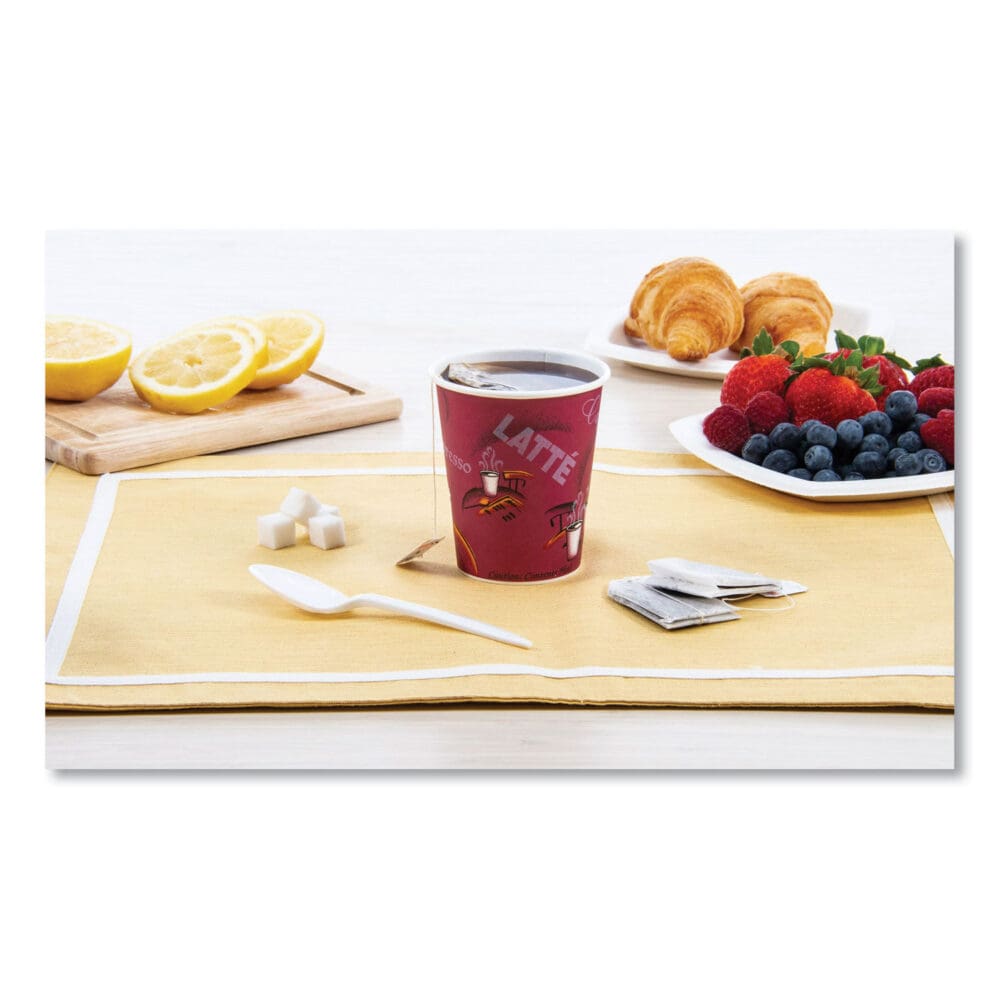 Paper Hot Drink Cups in Bistro Design, 10 oz, Maroon, 1,000/Carton - Image 3