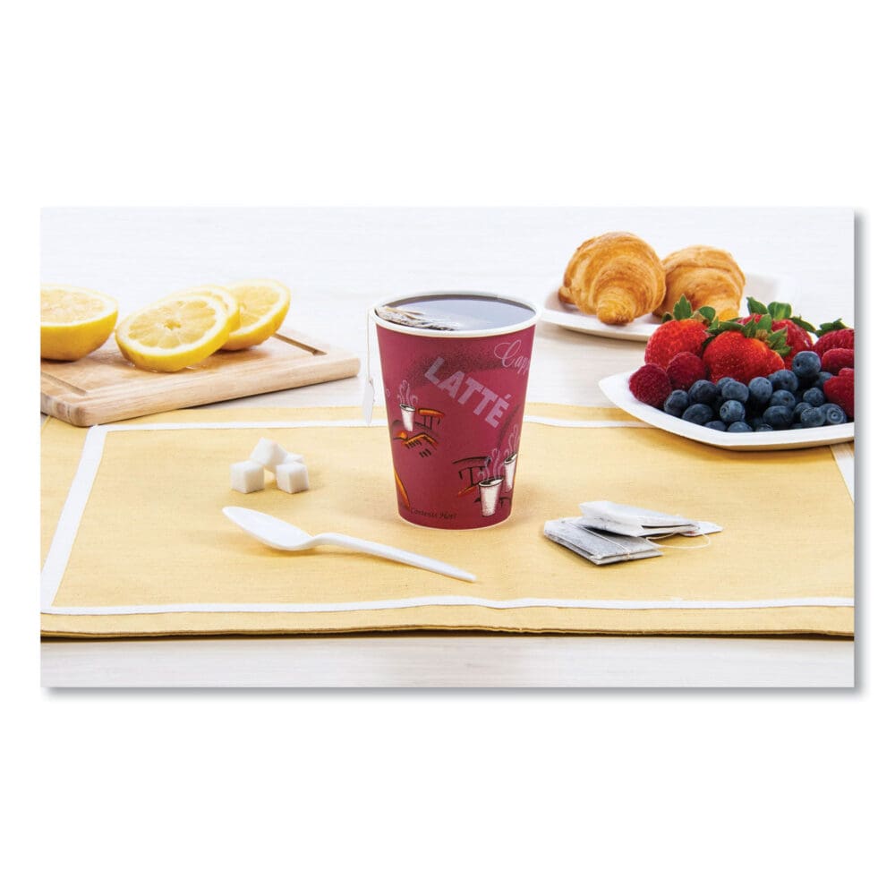 Paper Hot Drink Cups in Bistro Design, 12 oz, Maroon, 50/Bag, 20 Bags/Carton - Image 3
