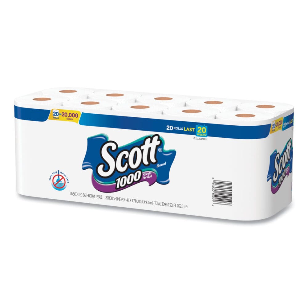 Standard Roll Bathroom Tissue, Septic Safe, 1-Ply, White, 1,000 Sheets/Roll, 20/Pack, 2 Packs/Carton - Image 3