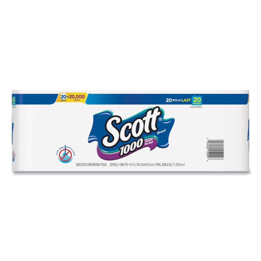 Standard Roll Bathroom Tissue, Septic Safe, 1-Ply, White, 1,000 Sheets/Roll, 20/Pack, 2 Packs/Carton - Image 4