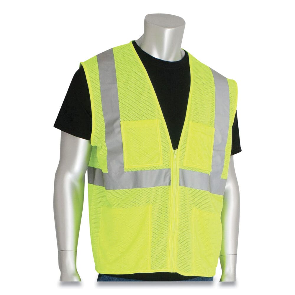 ANSI Class 2 Four Pocket Zipper Safety Vest, Polyester Mesh, Large, Hi-Viz Lime Yellow - Image 2