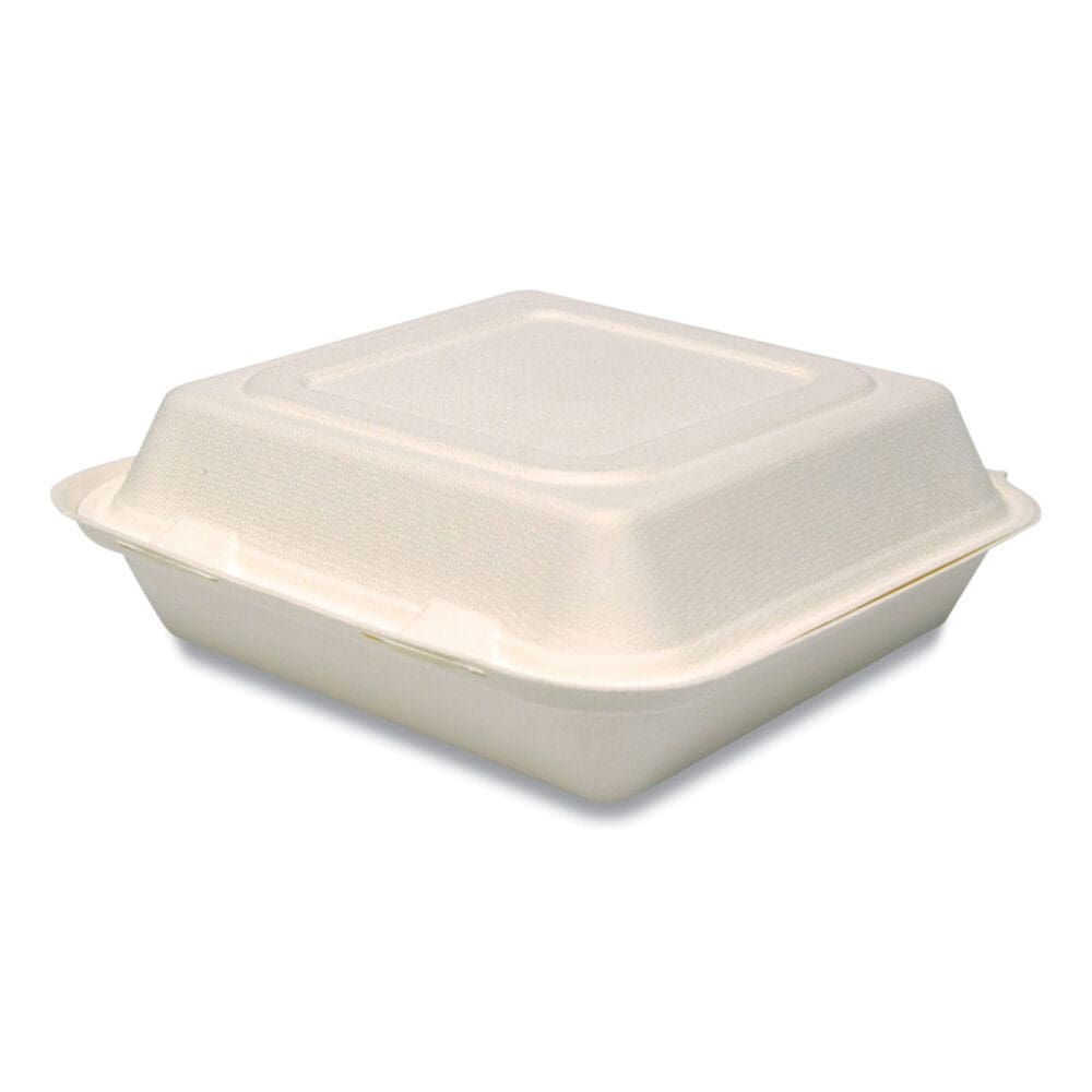 Bare Eco-Forward Bagasse Hinged Lid Containers, ProPlanet Seal, 3-Compartment, 9.6 x 9.4 x 3.2, Ivory, Sugarcane, 200/Carton - Image 2