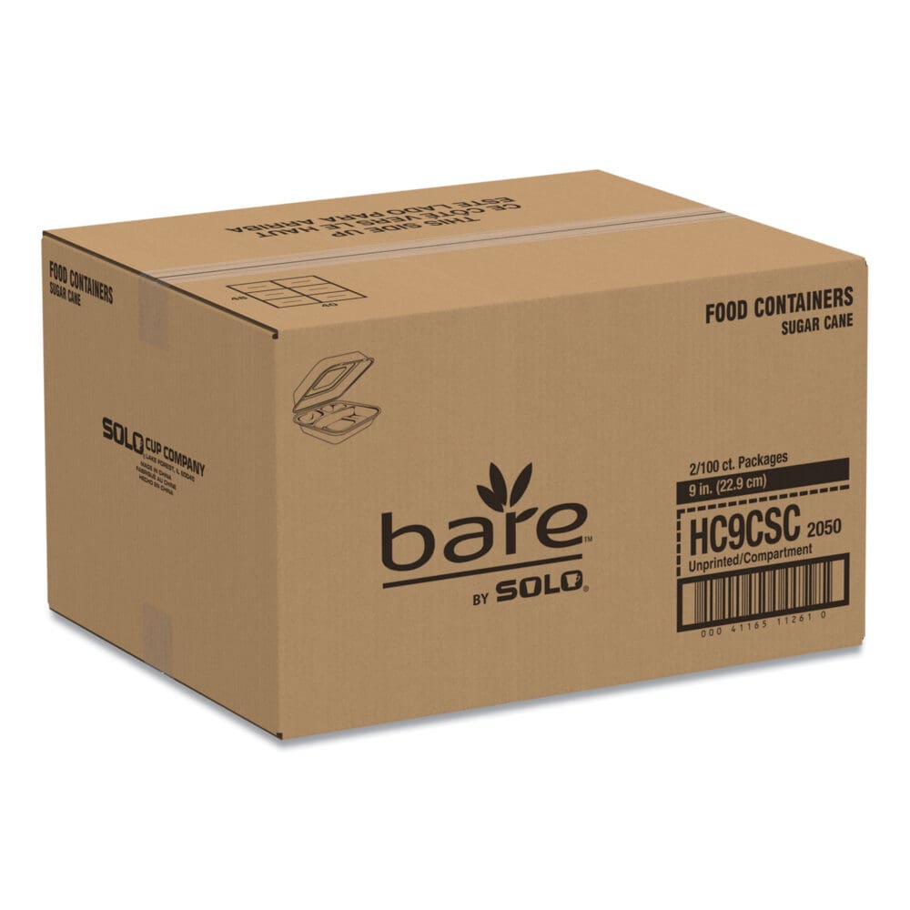 Bare Eco-Forward Bagasse Hinged Lid Containers, ProPlanet Seal, 3-Compartment, 9.6 x 9.4 x 3.2, Ivory, Sugarcane, 200/Carton - Image 3