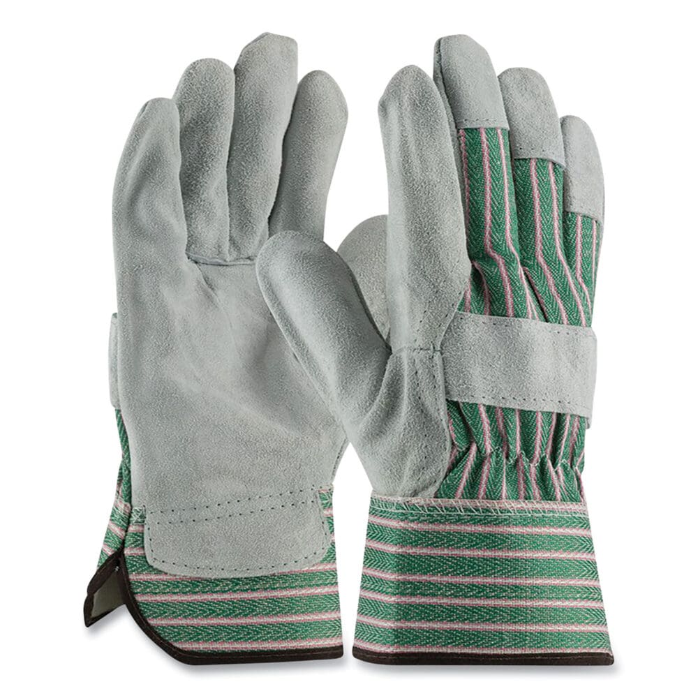 Bronze Series Leather/Fabric Work Gloves, Large (Size 9), Gray/Green, 12 Pairs - Image 2