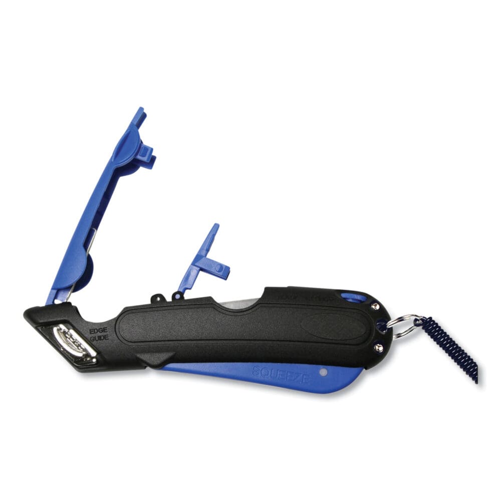 Easycut Self-Retracting Cutter with Safety-Tip Blade, Holster and Lanyard, 6" Plastic Handle, Black/Blue - Image 4