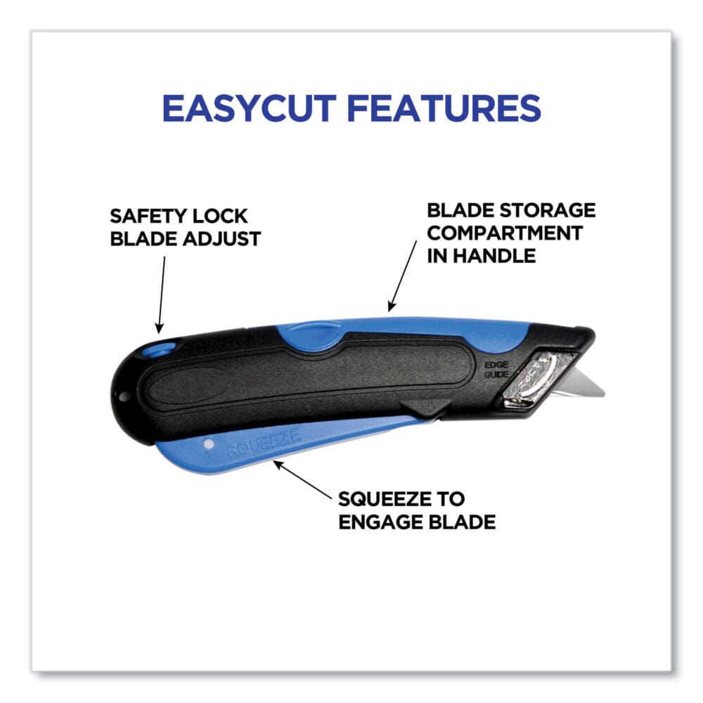Easycut Cutter Knife w/Self-Retracting Safety-Tipped Blade, 6" Plastic Handle, Black/Blue - Image 2