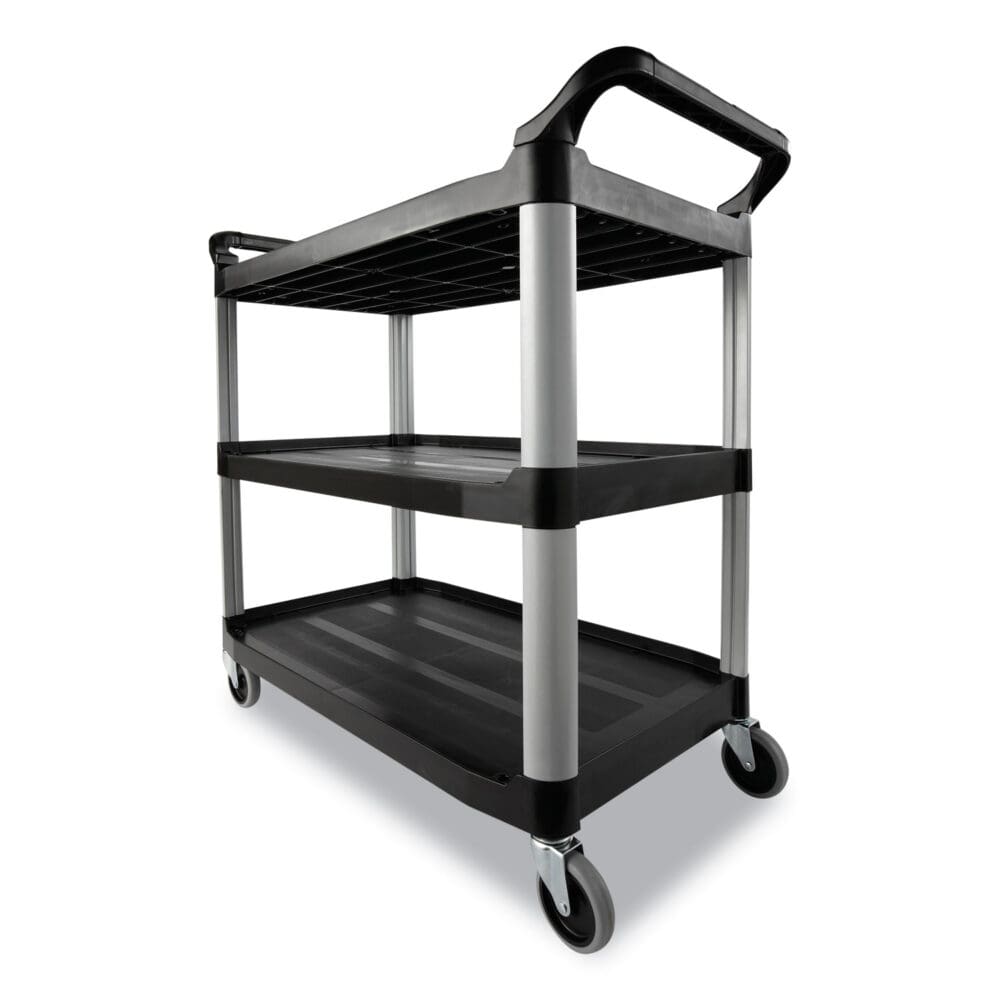 Three-Shelf Service Cart, Plastic, 3 Shelves, 200 lb Capacity, 18.63" x 33.63" x 37.75", Black - Image 6