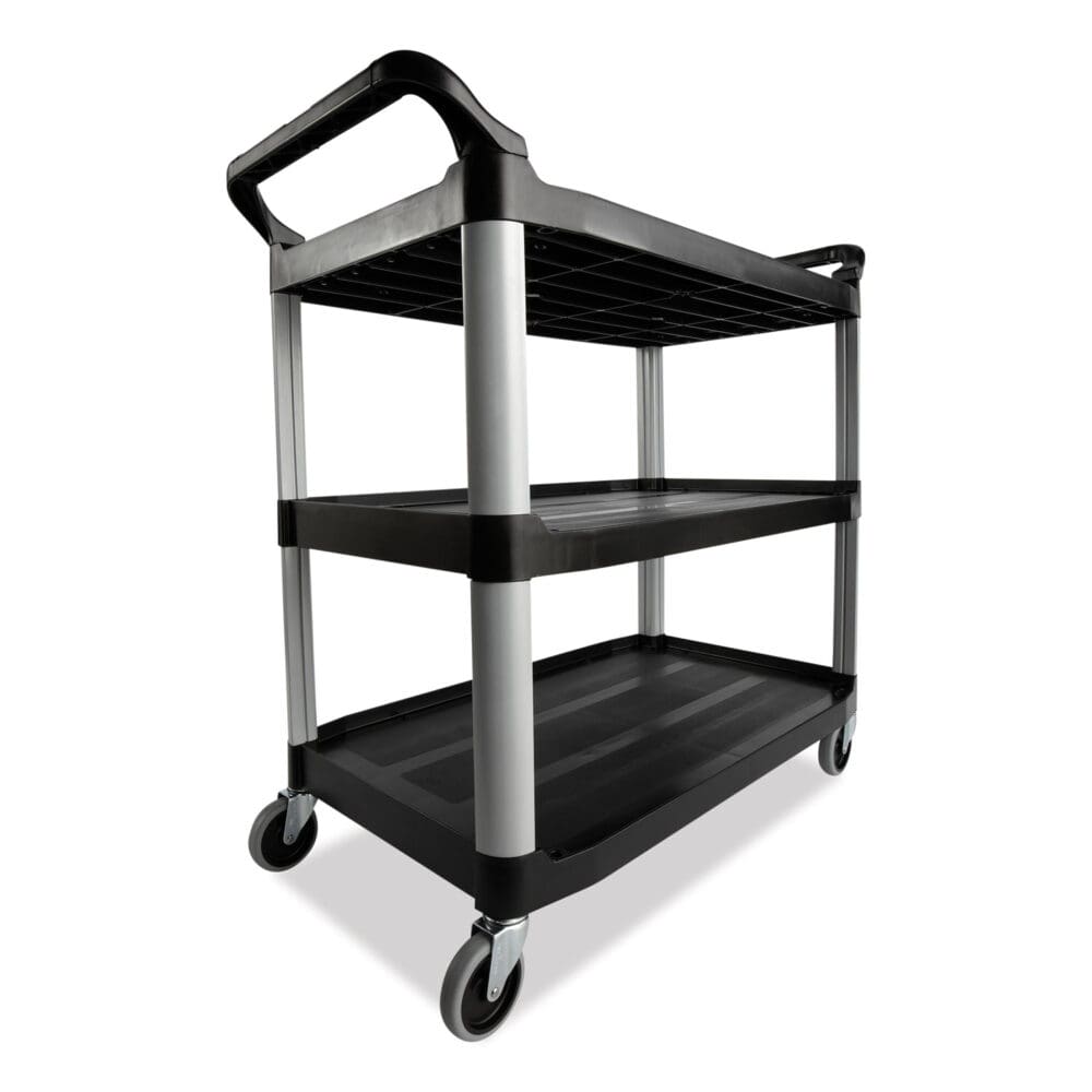 Three-Shelf Service Cart, Plastic, 3 Shelves, 200 lb Capacity, 18.63" x 33.63" x 37.75", Black - Image 2
