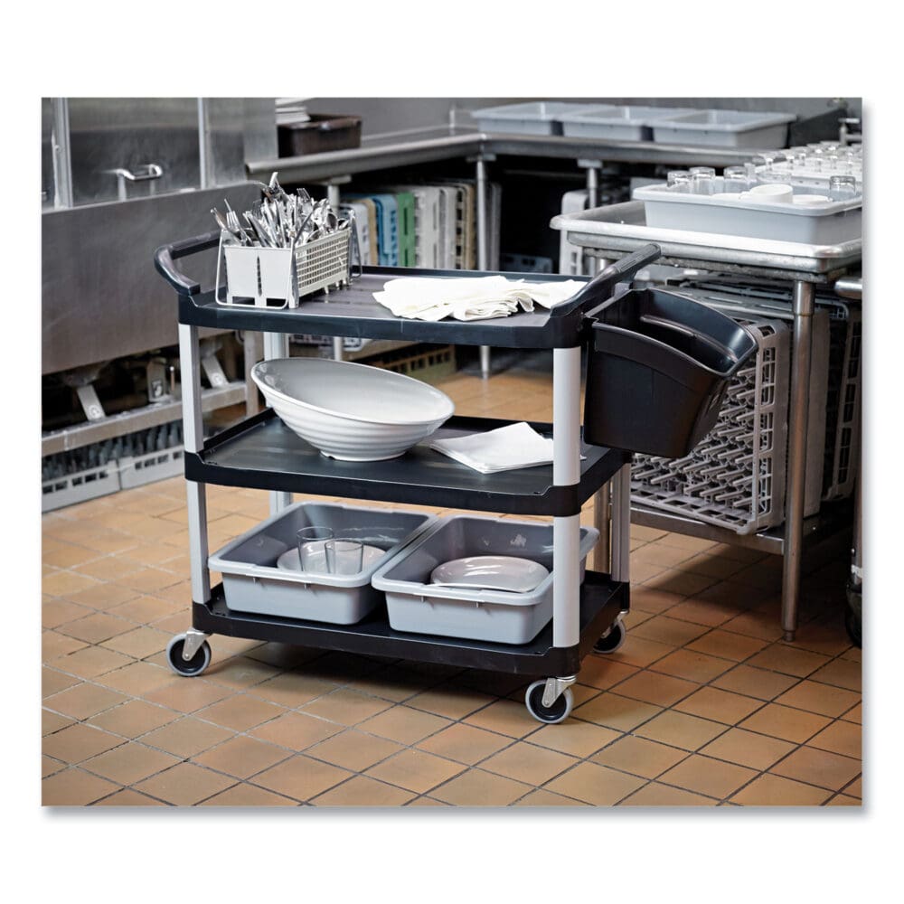 Xtra Utility Cart with Open Sides, Plastic, 3 Shelves, 300 lb Capacity, 40.63" x 20" x 37.81", Black - Image 4