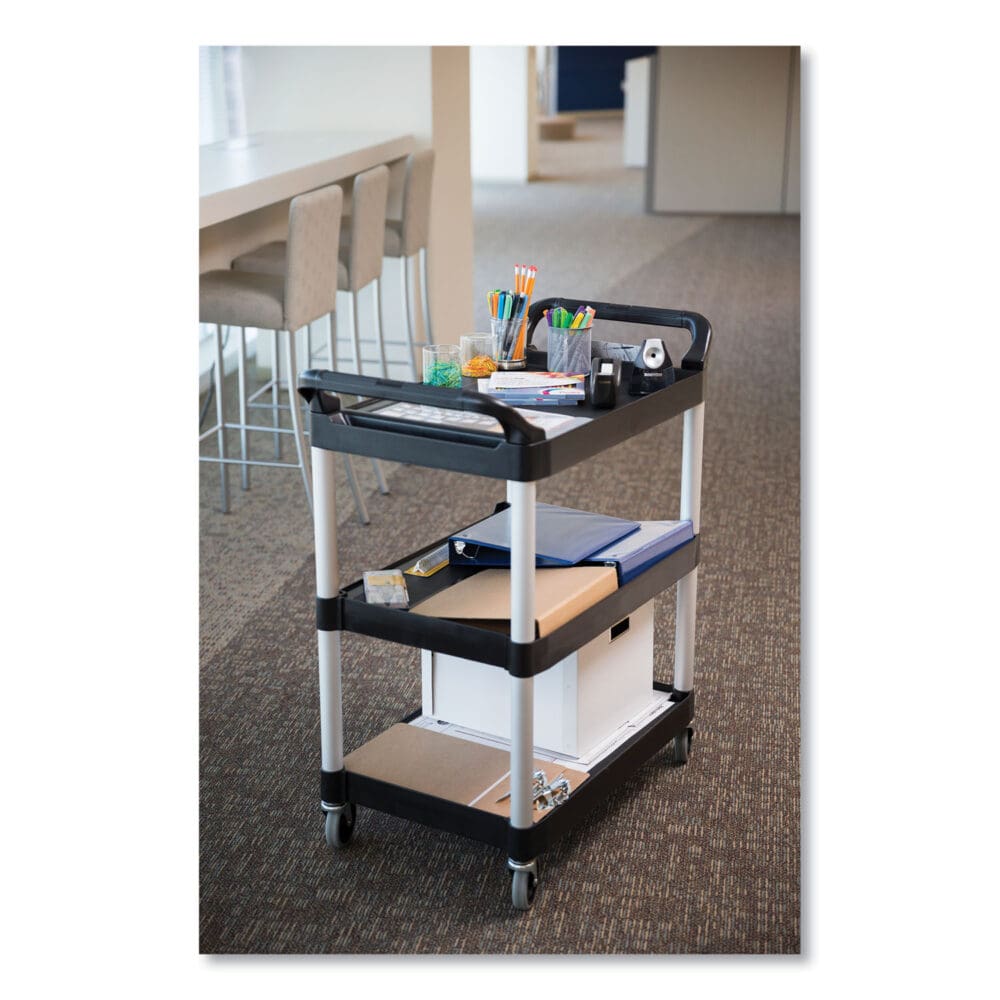 Xtra Utility Cart with Open Sides, Plastic, 3 Shelves, 300 lb Capacity, 40.63" x 20" x 37.81", Black - Image 6