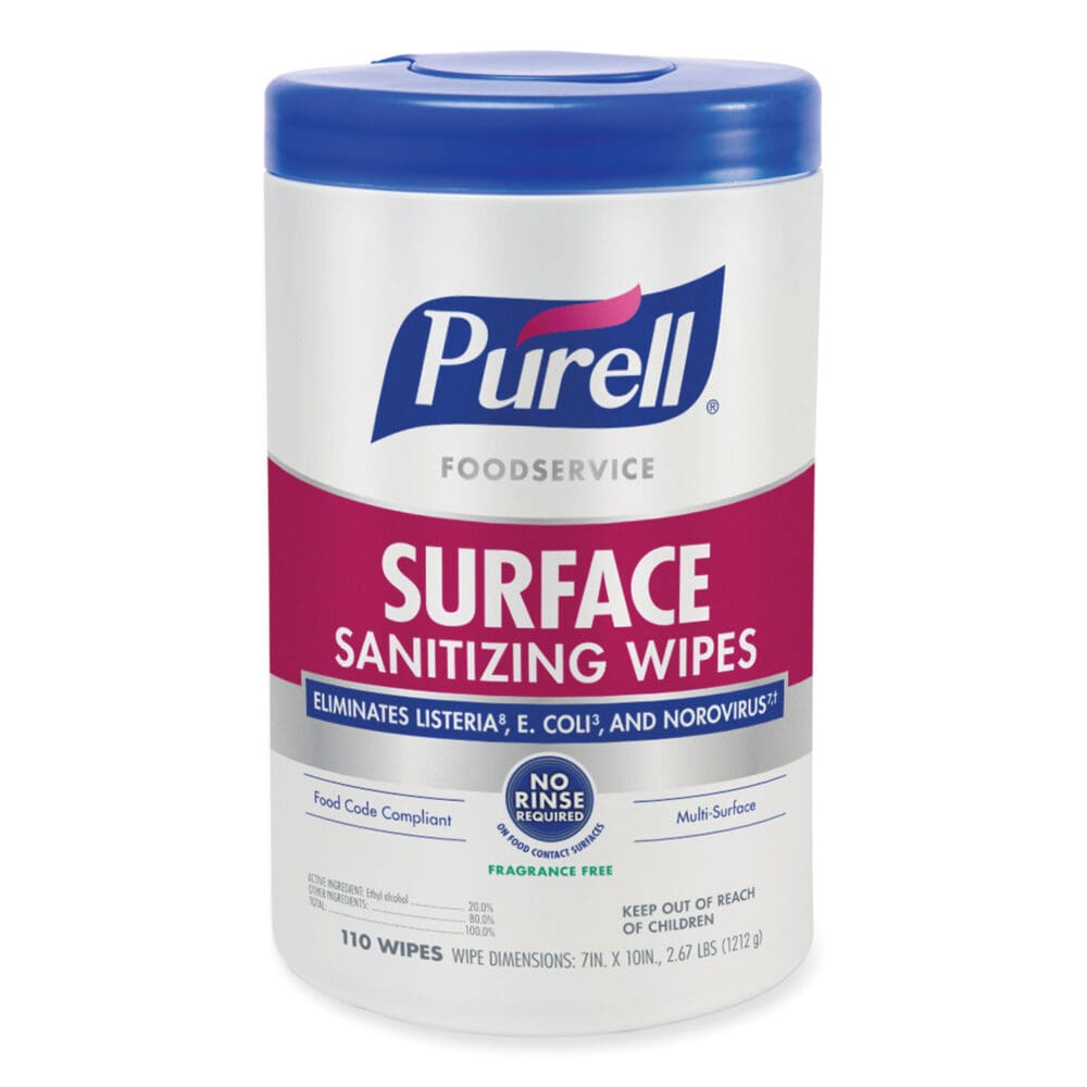 Foodservice Surface Sanitizing Wipes, 1-Ply, 10 x 7, Fragrance-Free, White, 110/Canister, 6 Canisters/Carton - Image 2