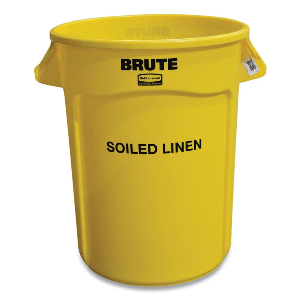 Vented Round Brute Container, "Soiled Linen" Imprint, 32 gal, Plastic, Yellow - Image 2