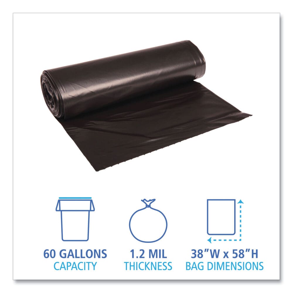 Recycled Low-Density Polyethylene Can Liners, 60 gal, 1.2 mil, 38" x 58", Black, 10 Bags/Roll, 10 Rolls/Carton - Image 4