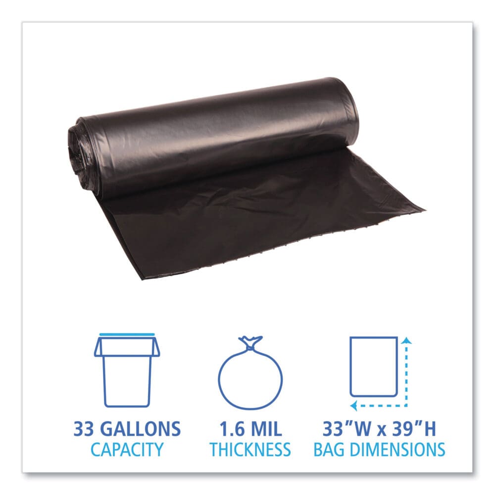 Recycled Low-Density Polyethylene Can Liners, 33 gal, 1.6 mil, 33" x 39", Black, 10 Bags/Roll, 10 Rolls/Carton - Image 4