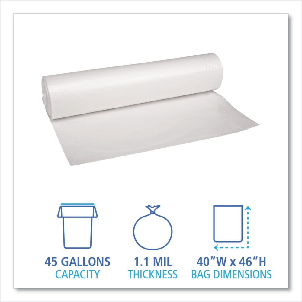 Recycled Low-Density Polyethylene Can Liners, 45 gal, 1.1 mil, 40" x 46", Clear, 10 Bags/Roll, 10 Rolls/Carton - Image 4